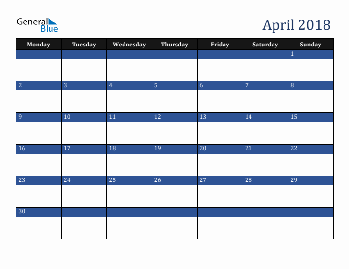 Monday Start Calendar for April 2018