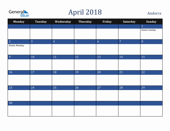 April 2018 Andorra Calendar (Monday Start)
