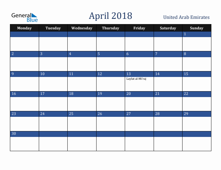 April 2018 United Arab Emirates Calendar (Monday Start)