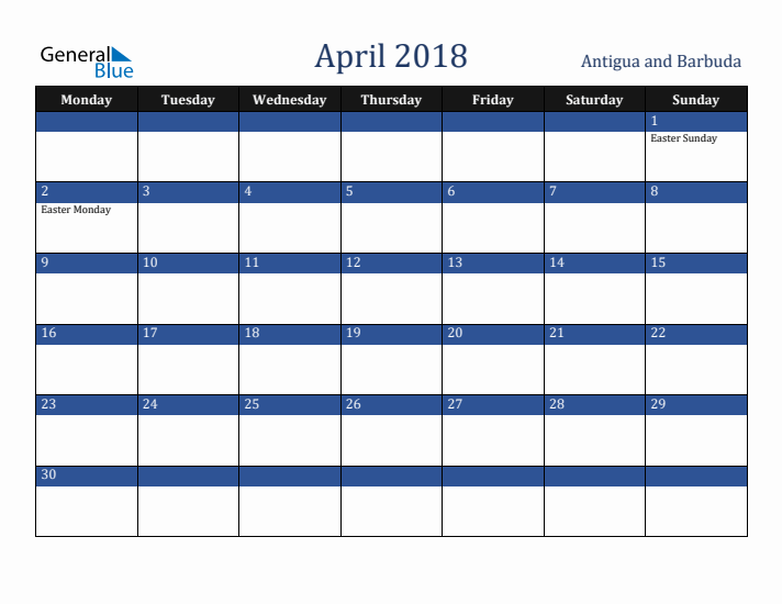 April 2018 Antigua and Barbuda Calendar (Monday Start)