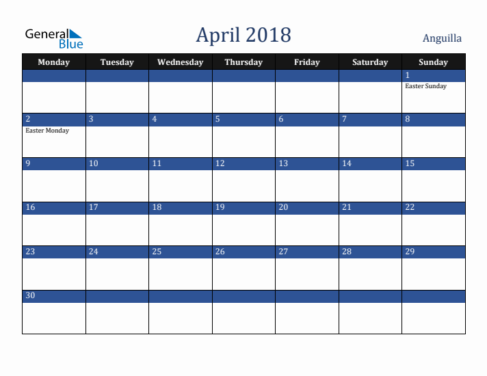 April 2018 Anguilla Calendar (Monday Start)