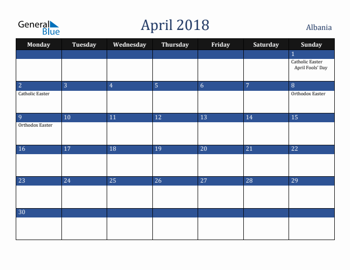 April 2018 Albania Calendar (Monday Start)