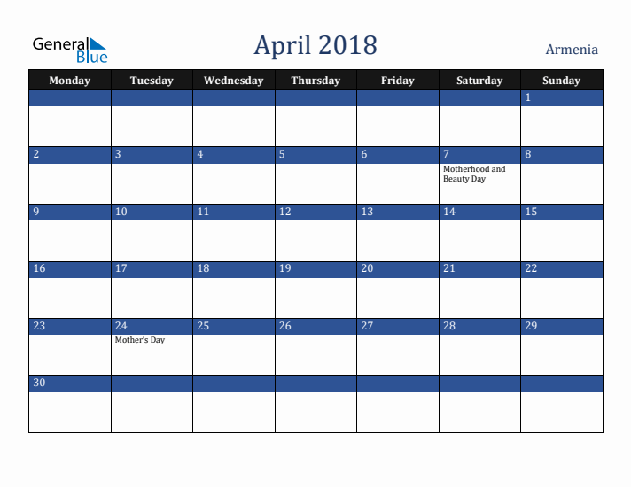 April 2018 Armenia Calendar (Monday Start)