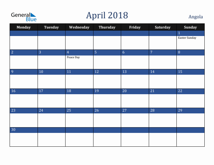 April 2018 Angola Calendar (Monday Start)