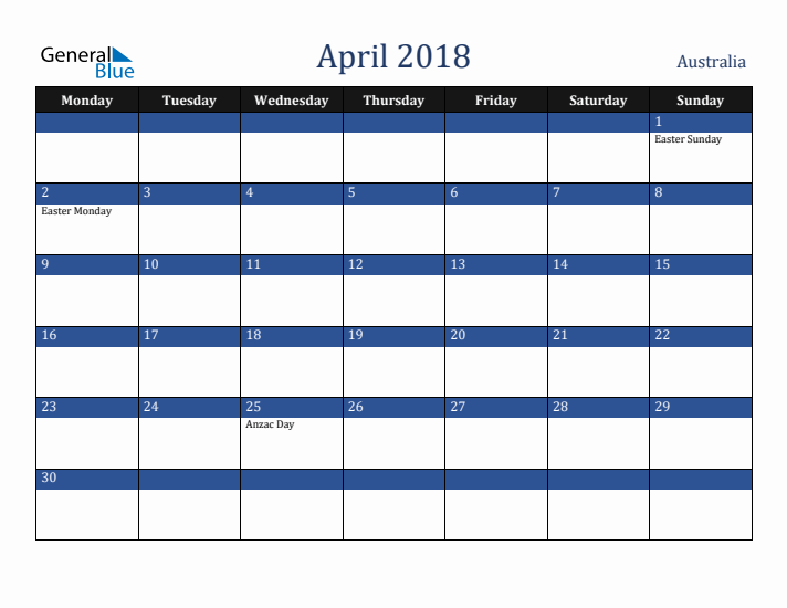 April 2018 Australia Calendar (Monday Start)