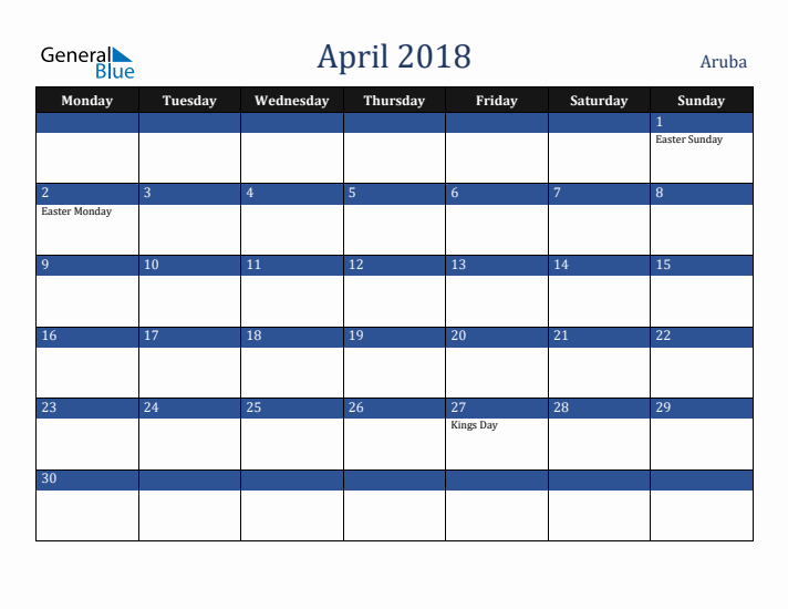 April 2018 Aruba Calendar (Monday Start)
