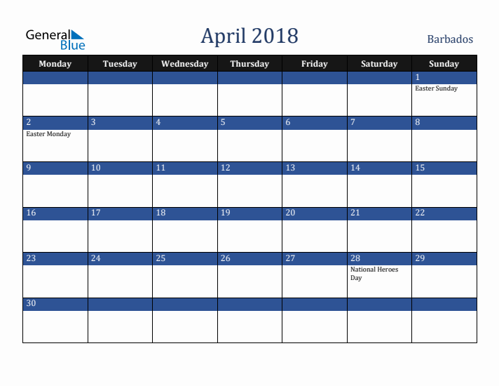April 2018 Barbados Calendar (Monday Start)
