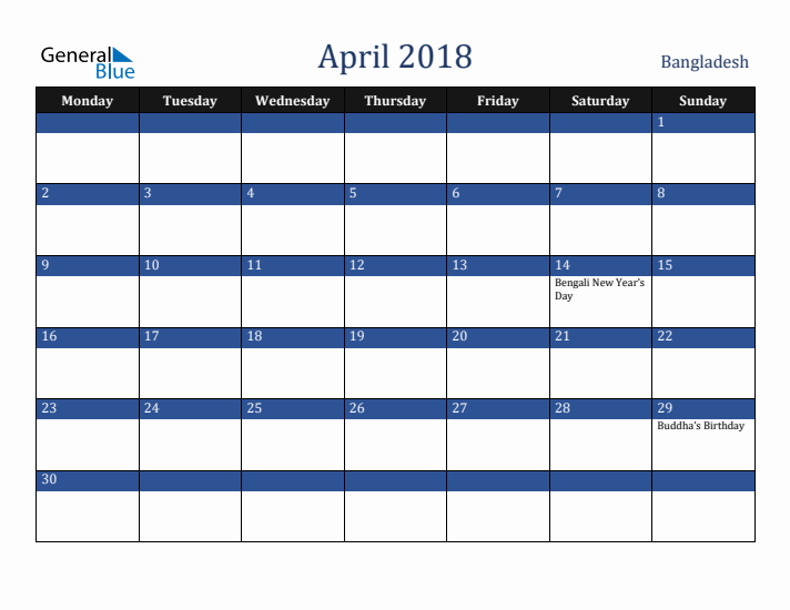 April 2018 Bangladesh Calendar (Monday Start)