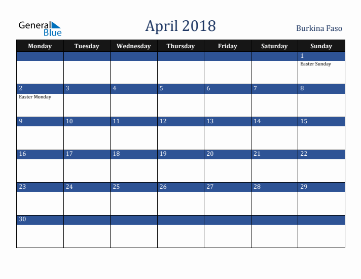 April 2018 Burkina Faso Calendar (Monday Start)