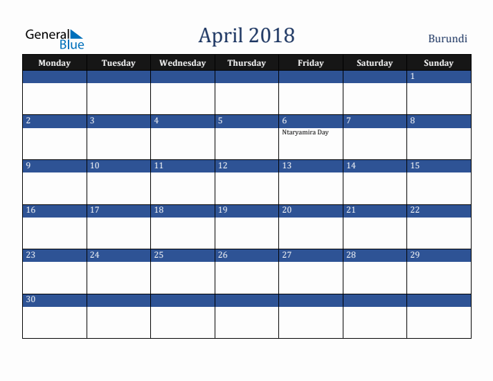 April 2018 Burundi Calendar (Monday Start)