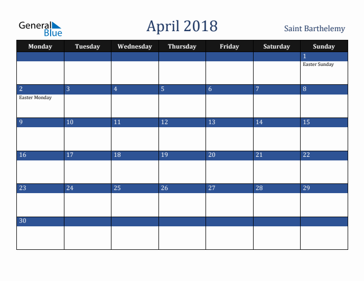 April 2018 Saint Barthelemy Calendar (Monday Start)