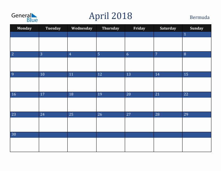 April 2018 Bermuda Calendar (Monday Start)