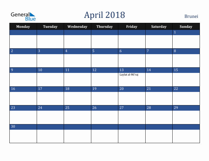 April 2018 Brunei Calendar (Monday Start)