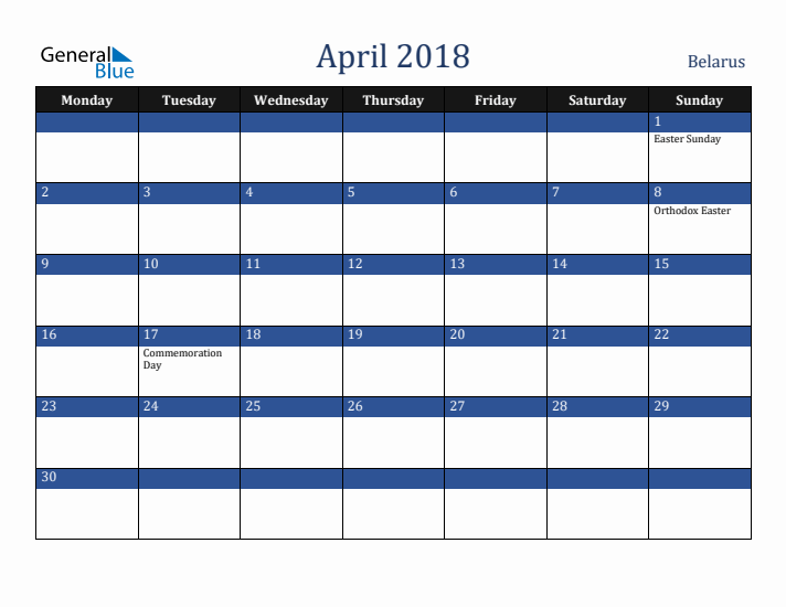 April 2018 Belarus Calendar (Monday Start)