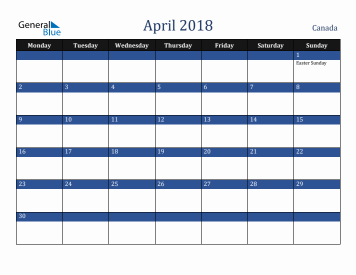April 2018 Canada Calendar (Monday Start)