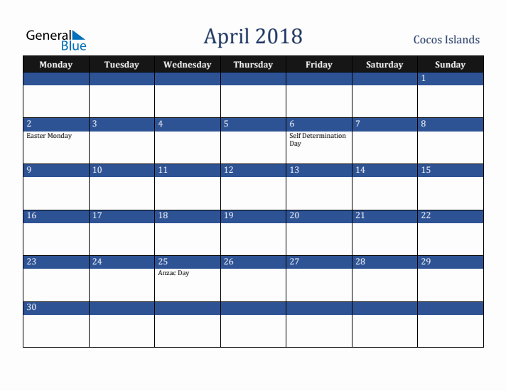 April 2018 Cocos Islands Calendar (Monday Start)