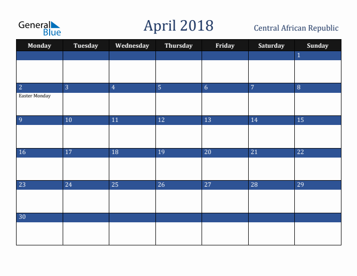 April 2018 Central African Republic Calendar (Monday Start)