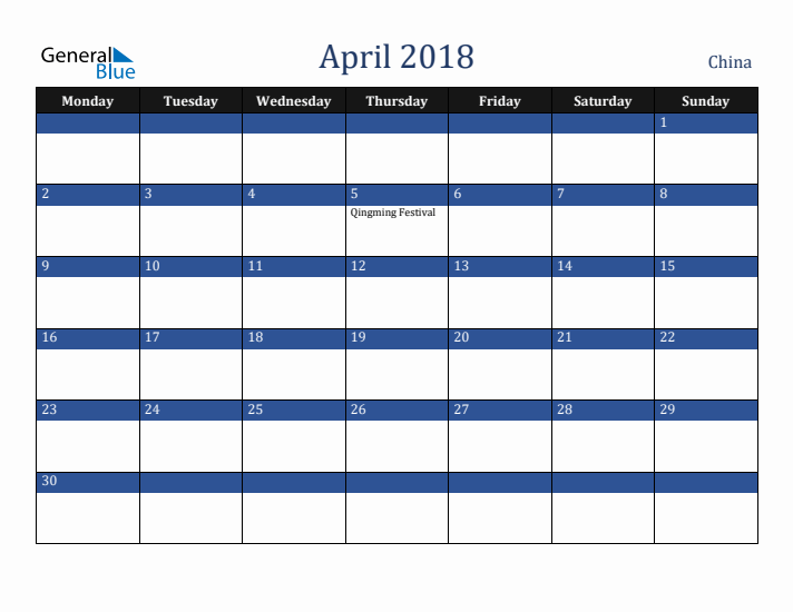 April 2018 China Calendar (Monday Start)