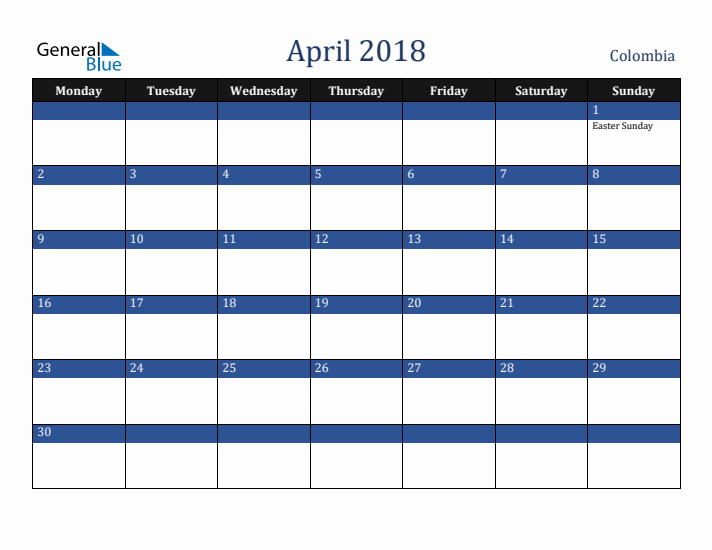 April 2018 Colombia Calendar (Monday Start)