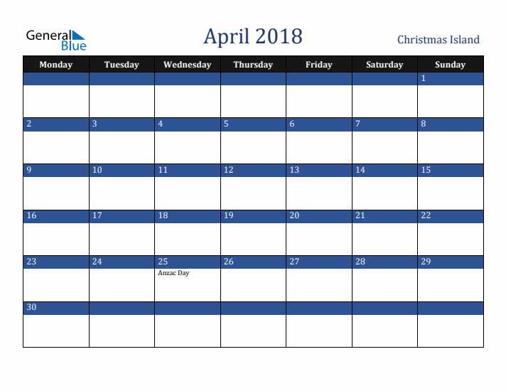 April 2018 Christmas Island Calendar (Monday Start)