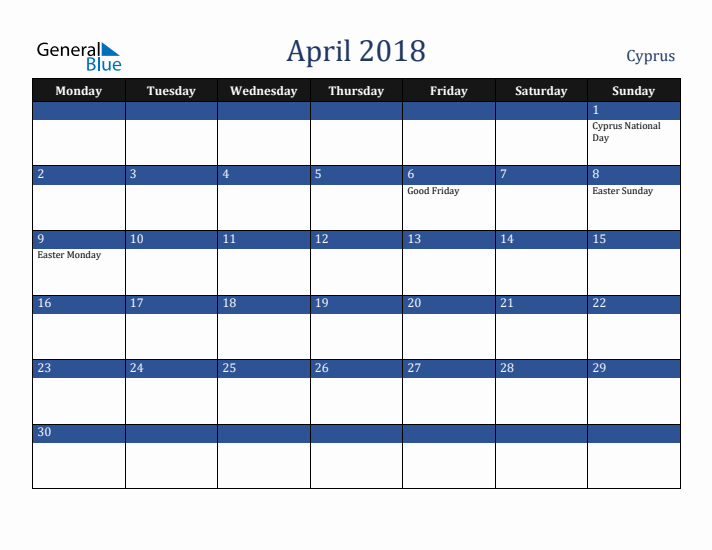 April 2018 Cyprus Calendar (Monday Start)