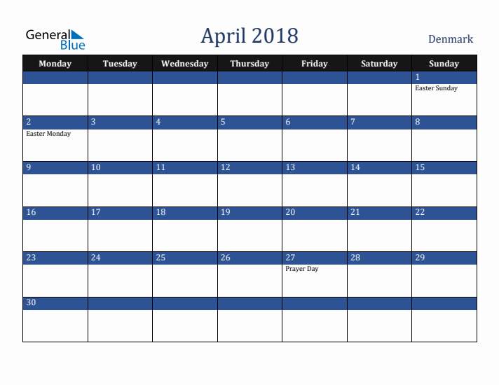 April 2018 Denmark Calendar (Monday Start)