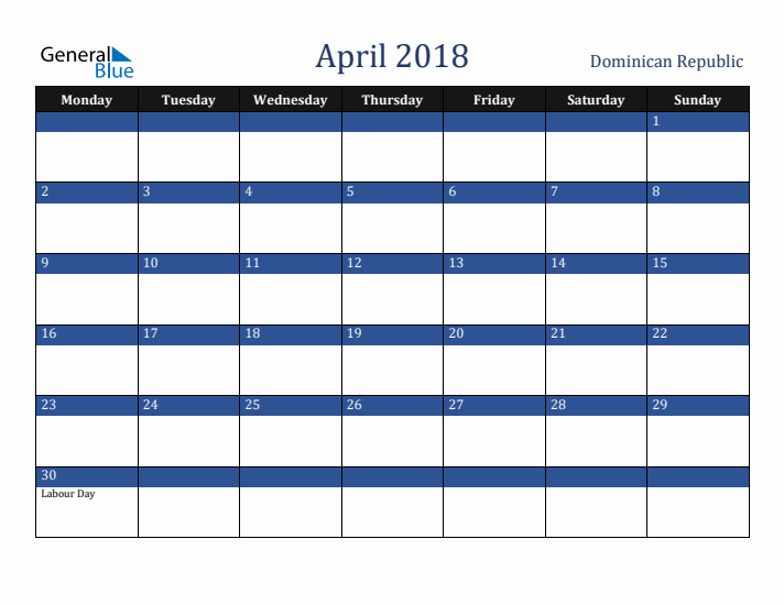 April 2018 Dominican Republic Calendar (Monday Start)