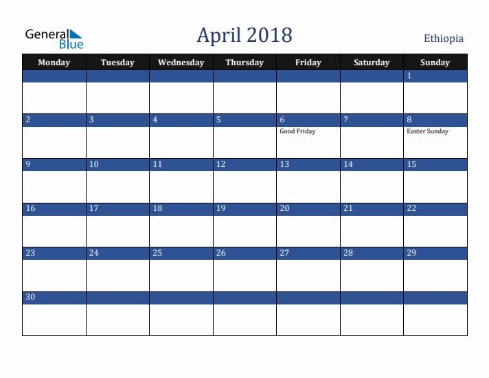 April 2018 Ethiopia Calendar (Monday Start)