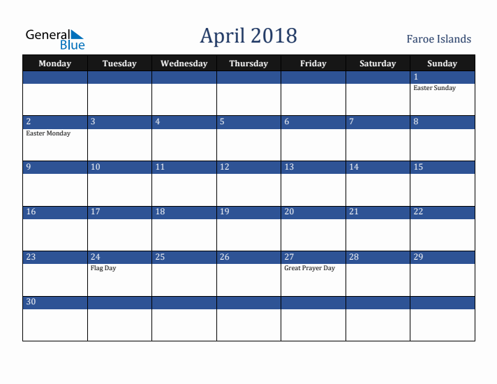 April 2018 Faroe Islands Calendar (Monday Start)