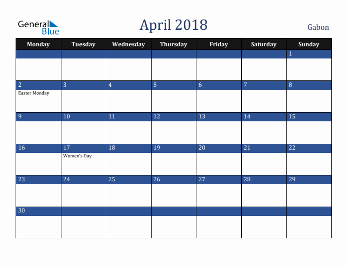 April 2018 Gabon Calendar (Monday Start)