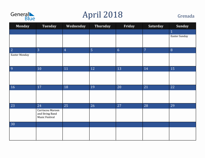 April 2018 Grenada Calendar (Monday Start)