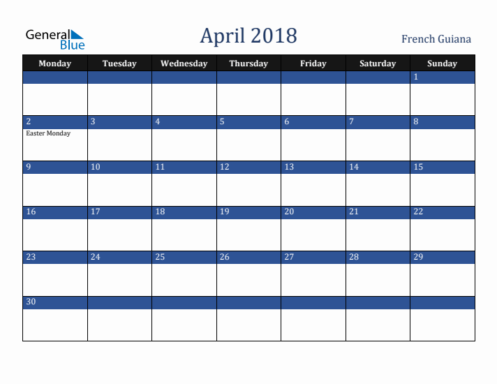 April 2018 French Guiana Calendar (Monday Start)