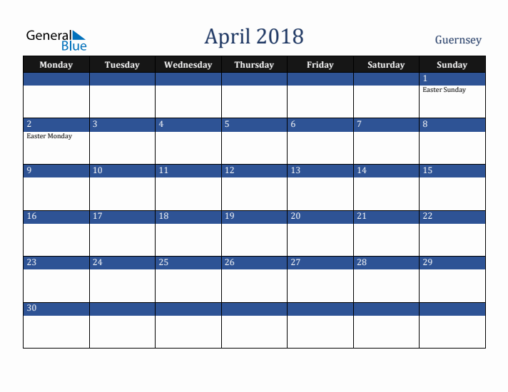 April 2018 Guernsey Calendar (Monday Start)