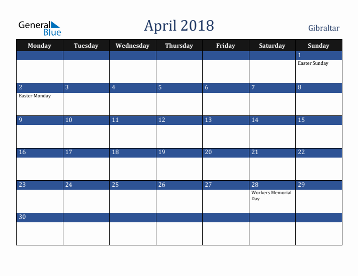 April 2018 Gibraltar Calendar (Monday Start)