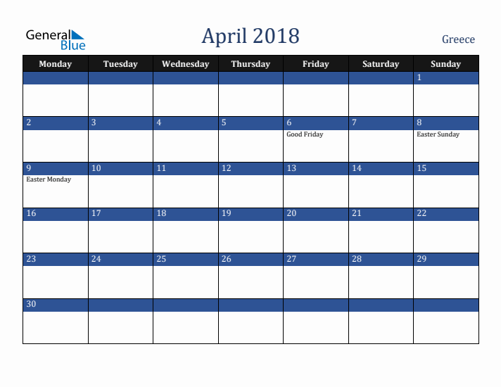 April 2018 Greece Calendar (Monday Start)