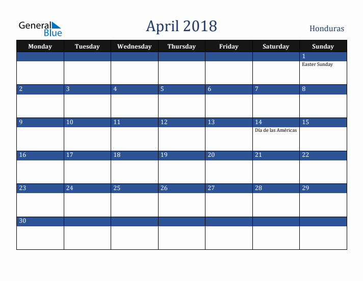 April 2018 Honduras Calendar (Monday Start)
