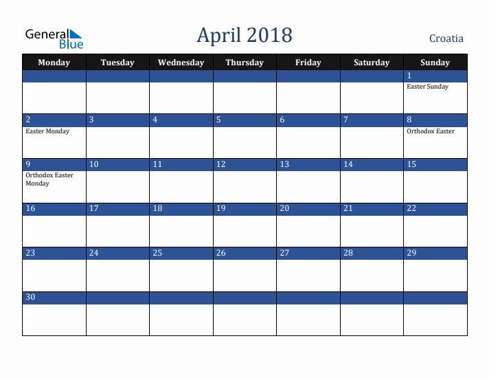 April 2018 Croatia Calendar (Monday Start)