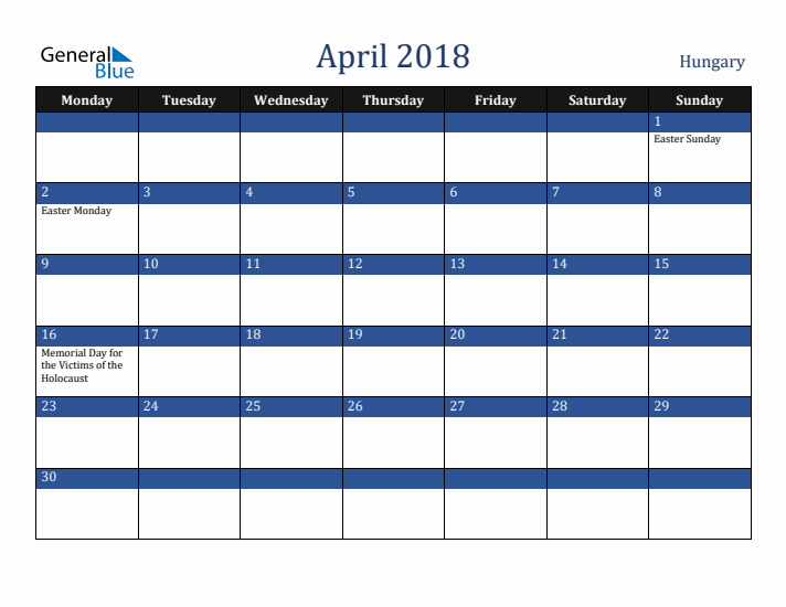 April 2018 Hungary Calendar (Monday Start)