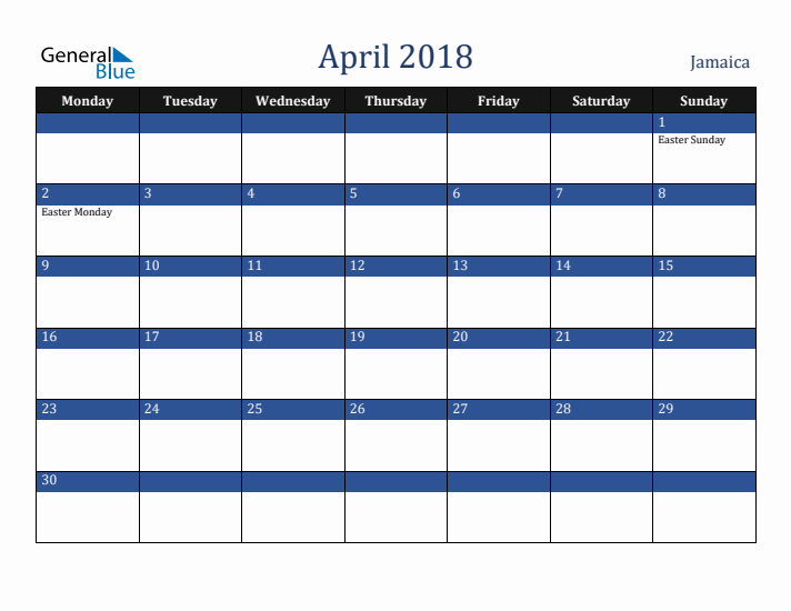 April 2018 Jamaica Calendar (Monday Start)