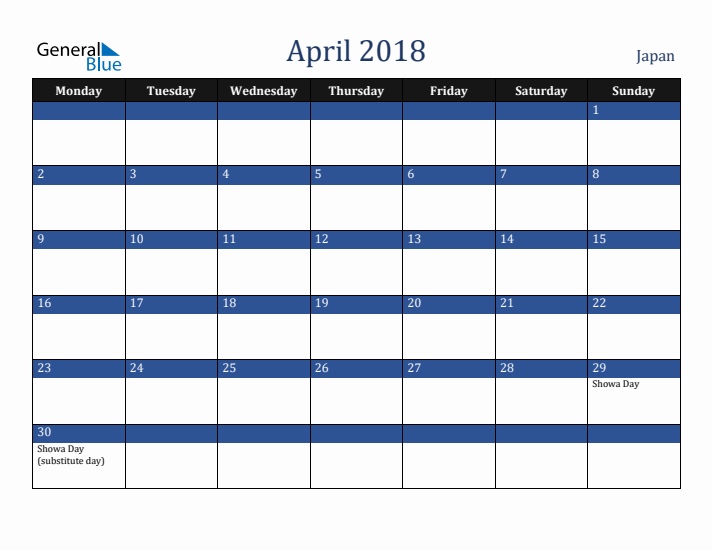 April 2018 Japan Calendar (Monday Start)