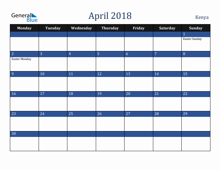 April 2018 Kenya Calendar (Monday Start)