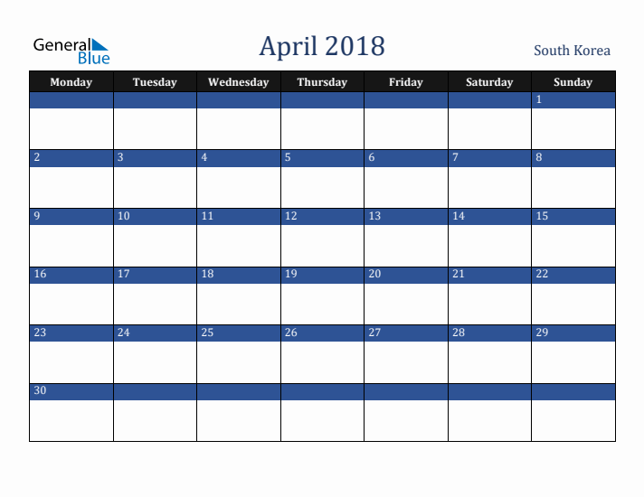 April 2018 South Korea Calendar (Monday Start)