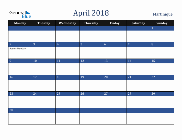 April 2018 Martinique Calendar (Monday Start)