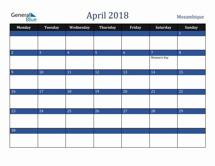 April 2018 Mozambique Calendar (Monday Start)