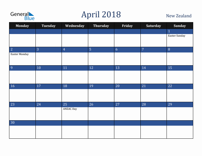 April 2018 New Zealand Calendar (Monday Start)