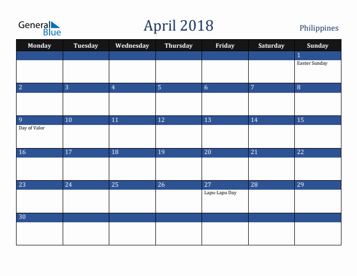 April 2018 Philippines Calendar (Monday Start)