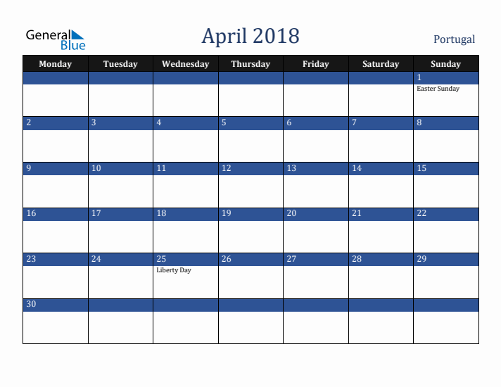 April 2018 Portugal Calendar (Monday Start)