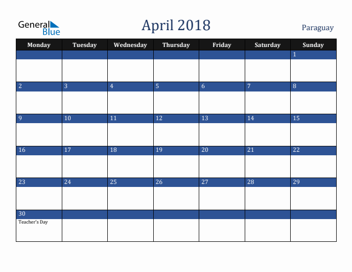 April 2018 Paraguay Calendar (Monday Start)