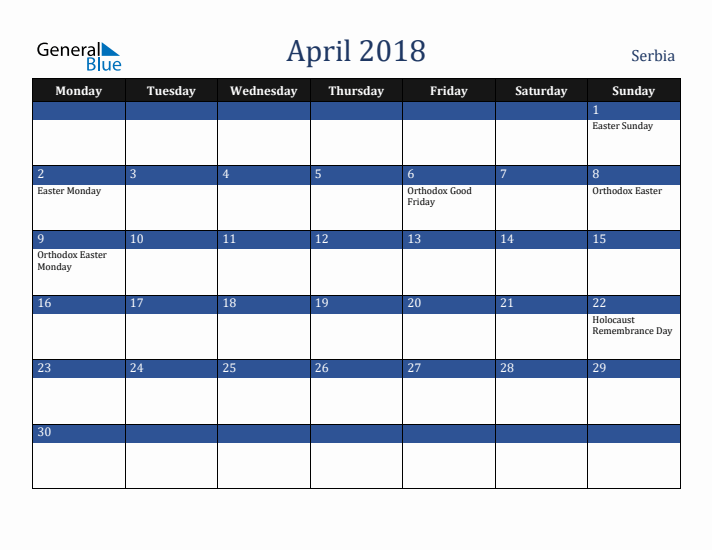 April 2018 Serbia Calendar (Monday Start)