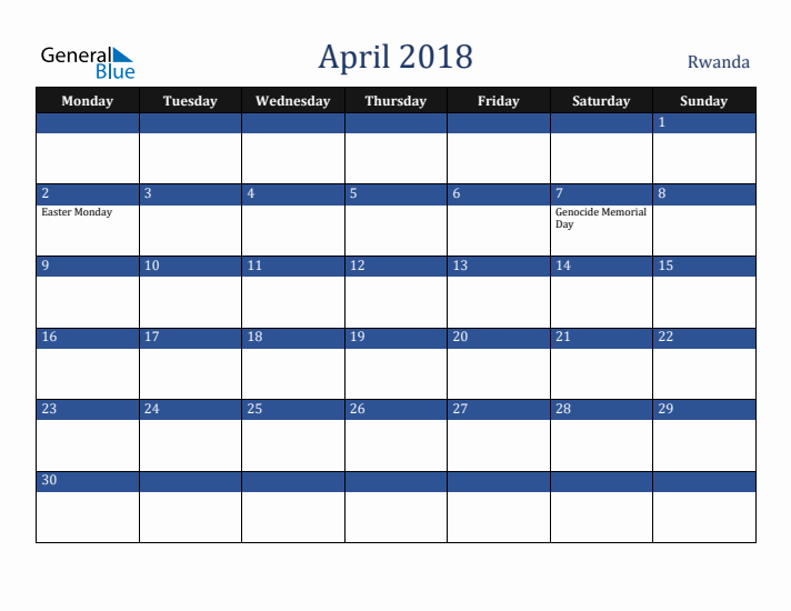 April 2018 Rwanda Calendar (Monday Start)